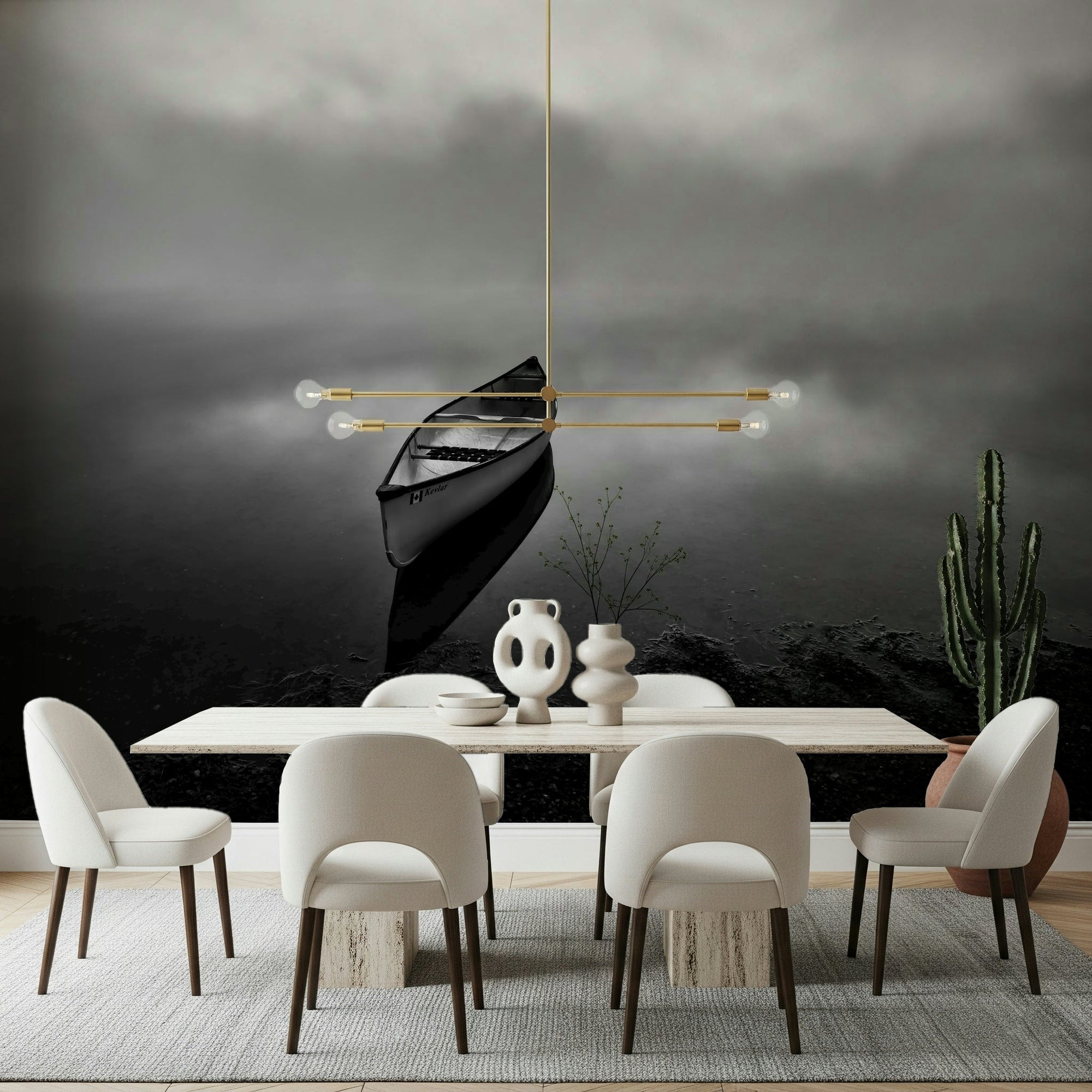 A beautiful foggy sea wallpaper mural with a subtle ship or coastline silhouette., GD5866