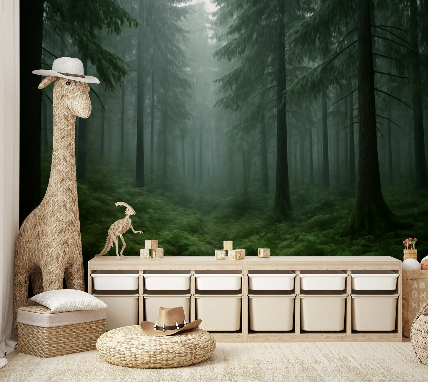 Wilderness landscape mural with fog

