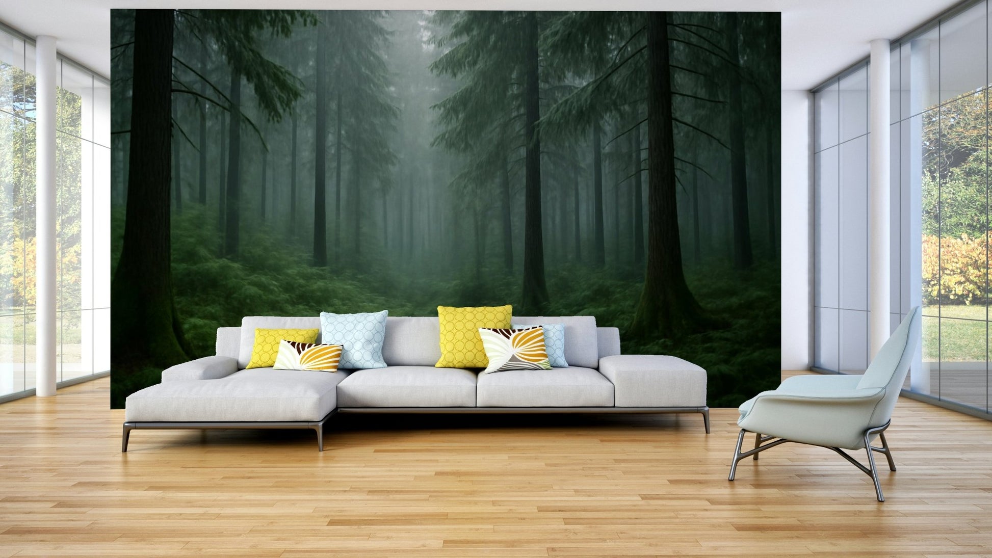 Quiet foggy forest wall mural

