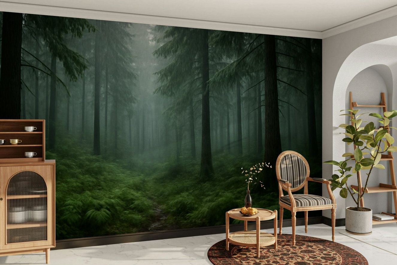 Woodland mural in soft grey tones

