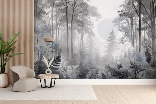 Foggy woodland nature wallpaper mural
