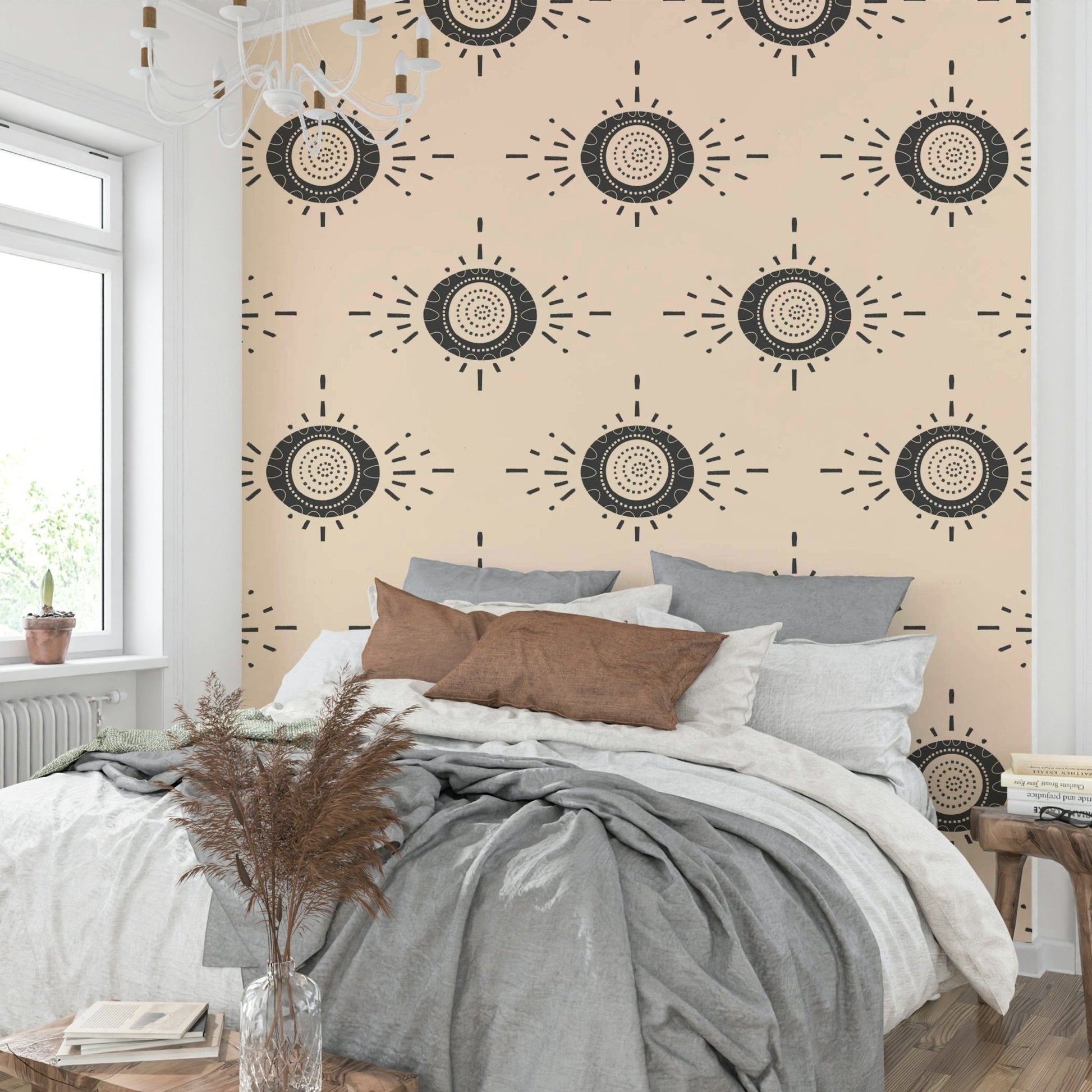 Light charcoal wallpaper with cream flowers

