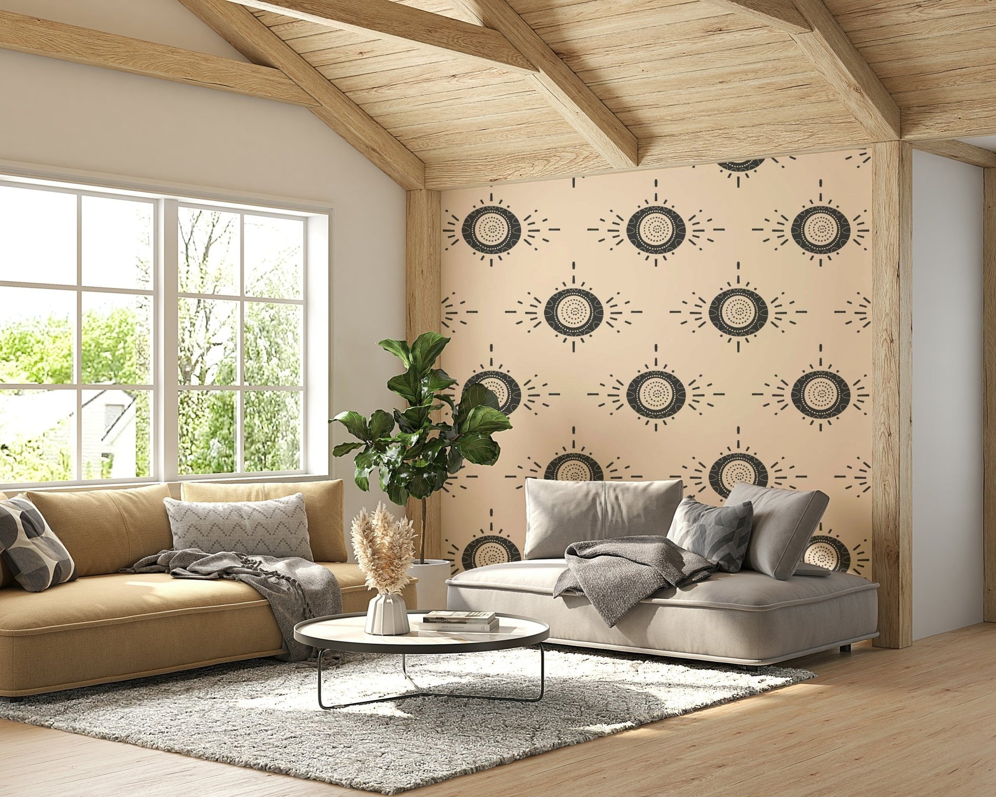 Folk-inspired wallpaper in neutral shades

