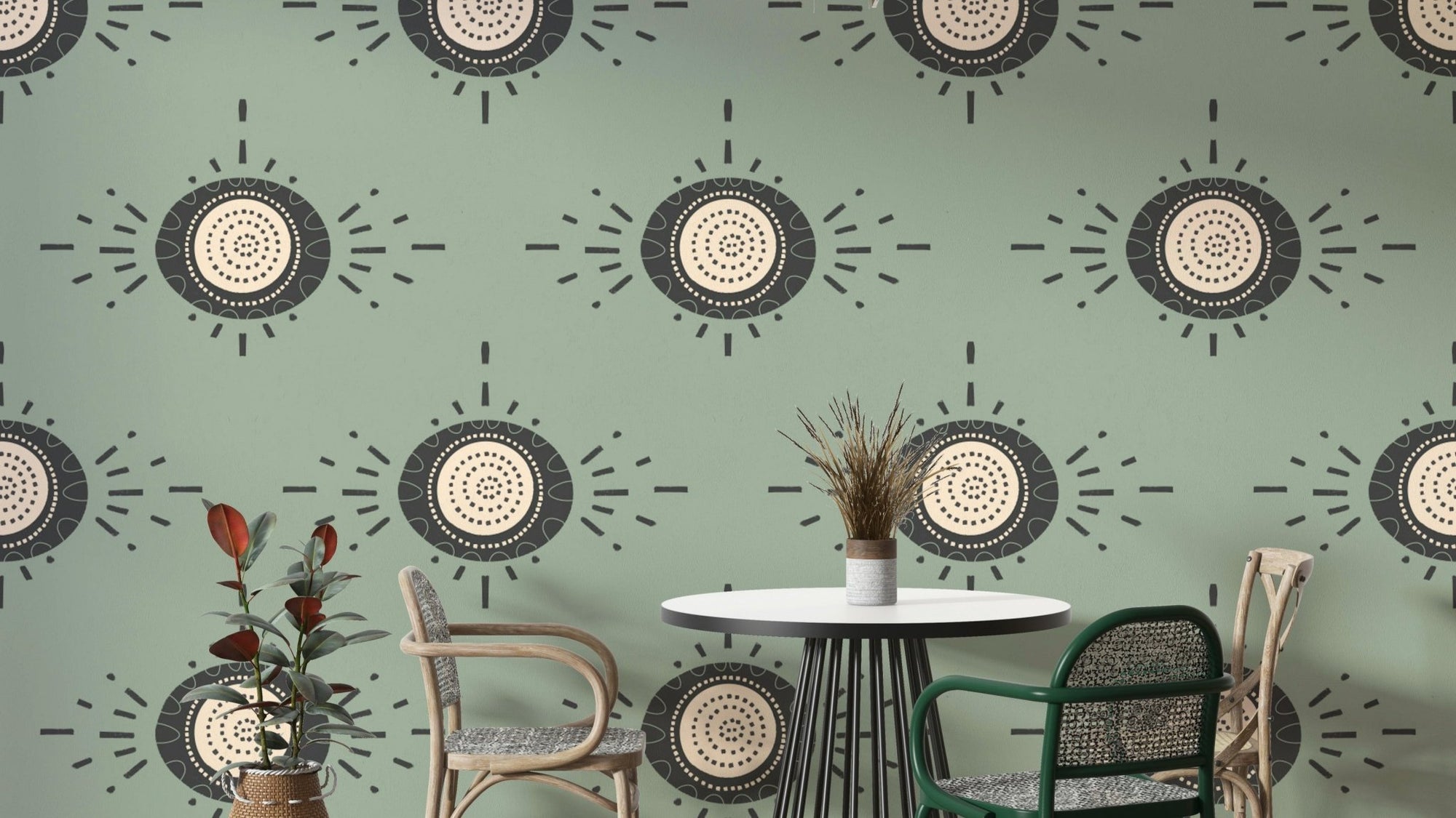Sage green flower pattern on modern wallpaper, GD2462