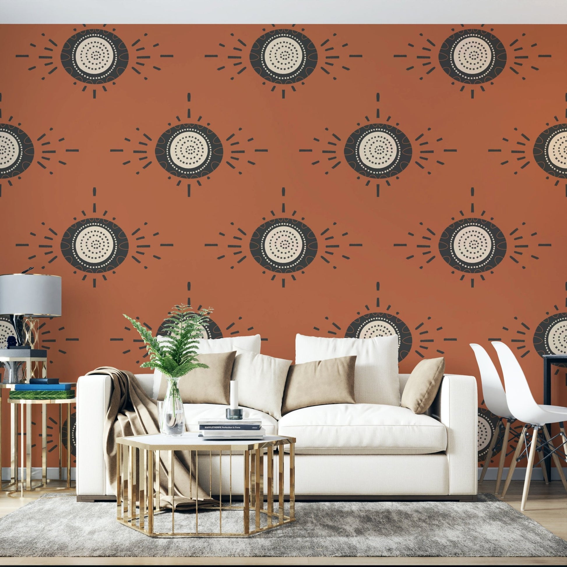 Scandinavian mid-mod mural with warm blooms