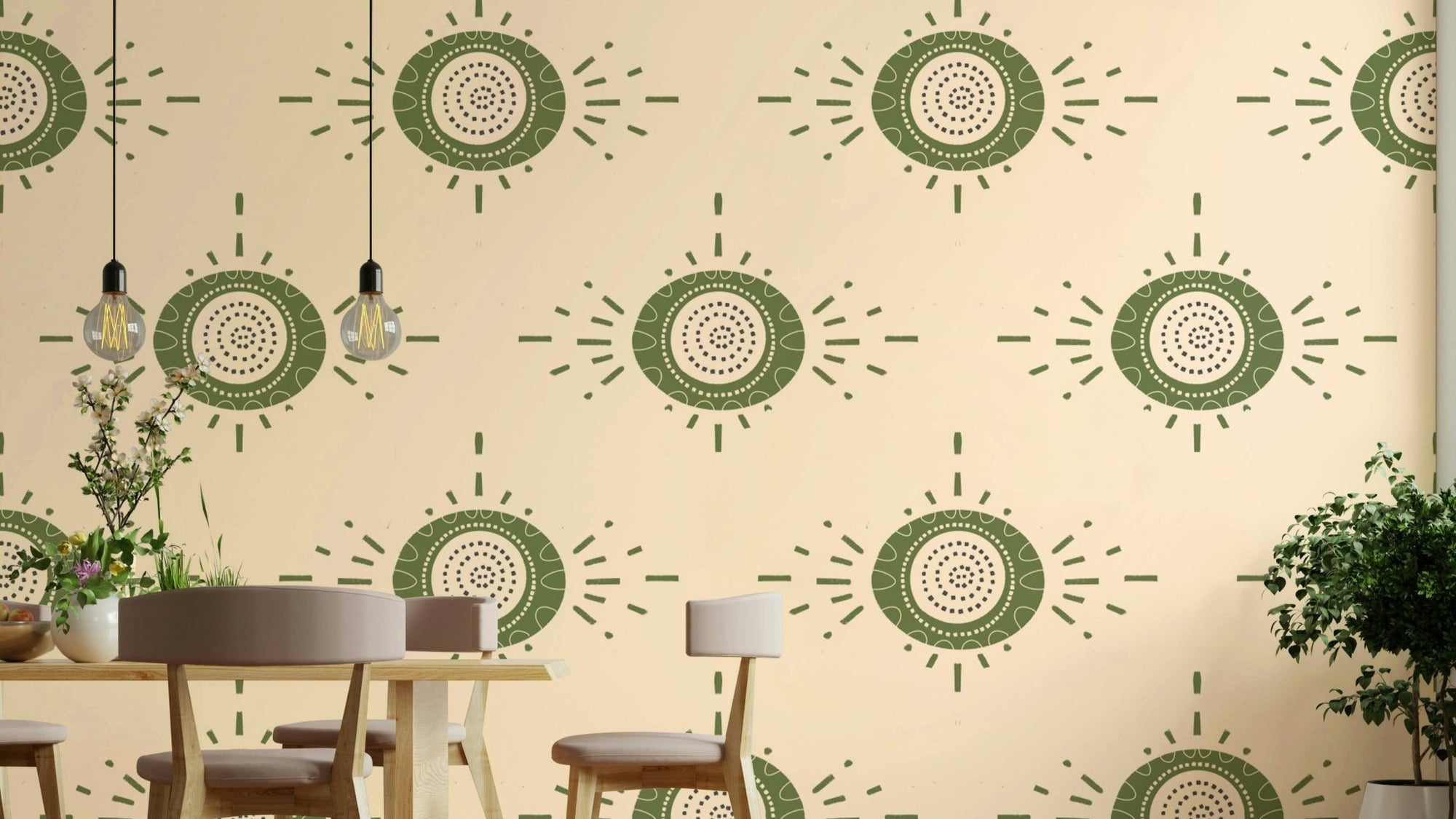 Folk Bloom olive green floral mural wallpaper, GD2459