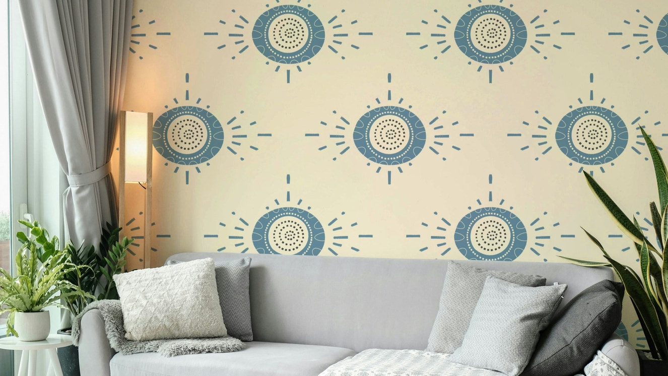 Scandinavian floral mural with soft blue tones