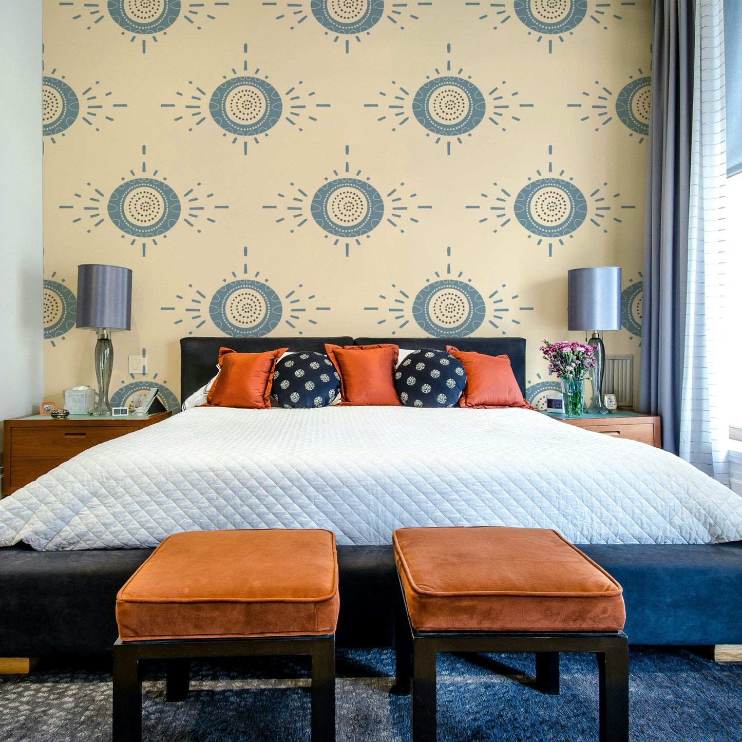 Light floral wallpaper with mid-mod influence