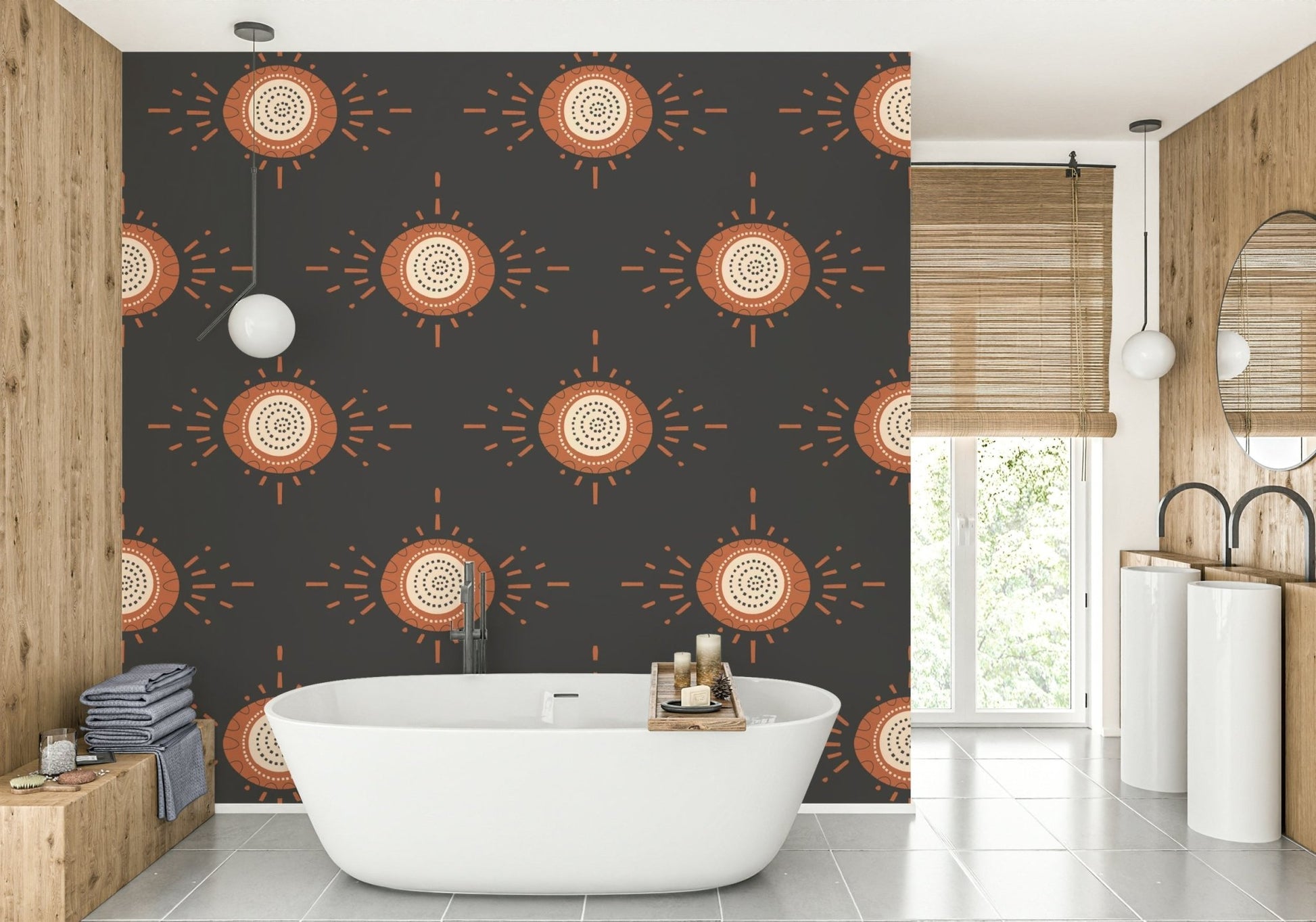 Charcoal and terracotta flower design on wallpaper

