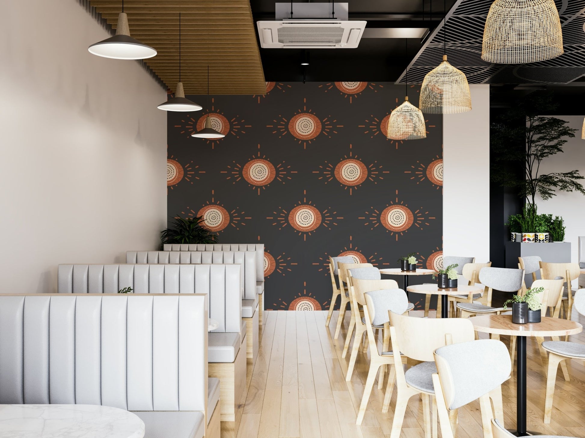 Warm wall mural with soft modern flowers

