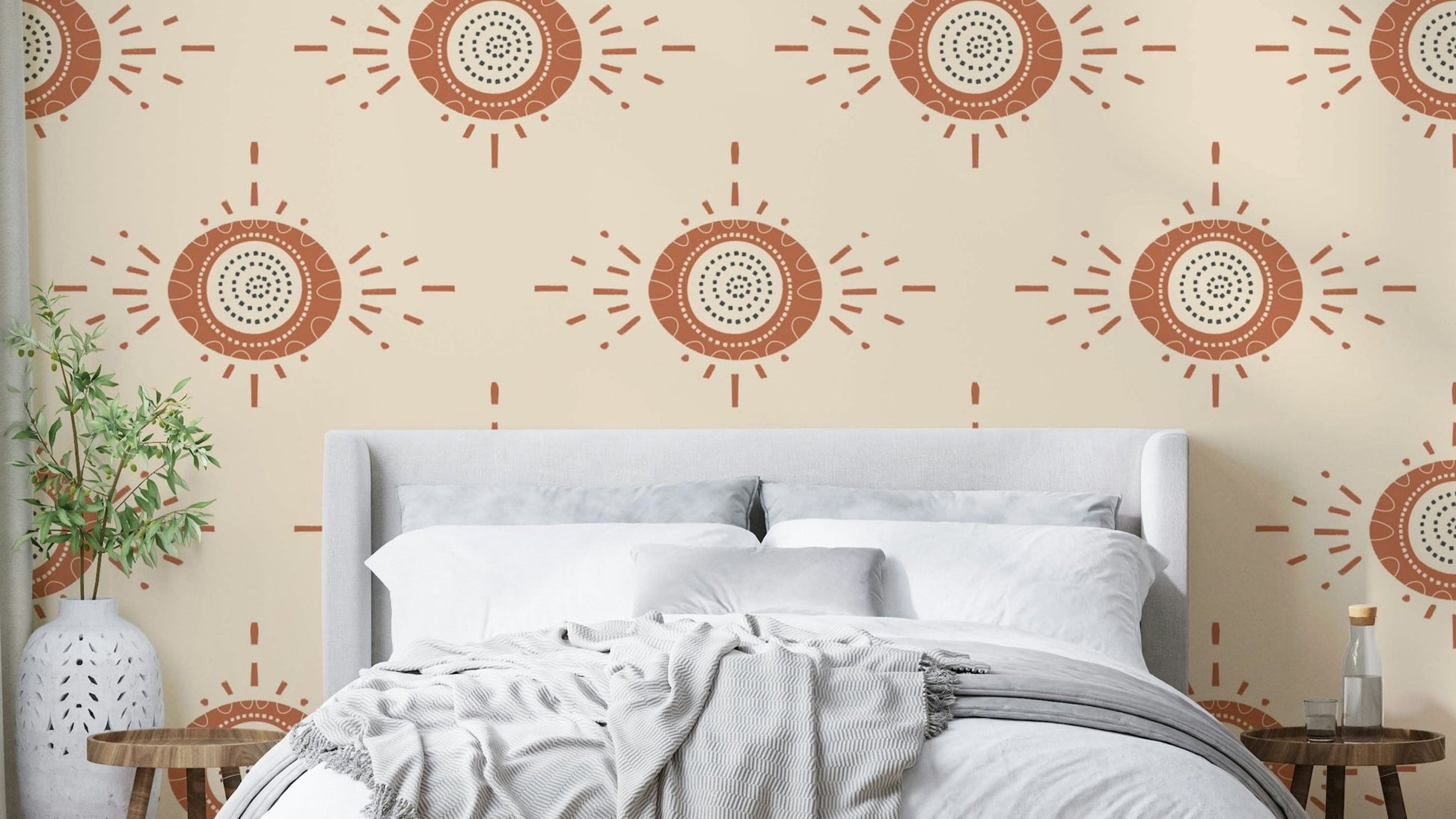 Stylized cream blooms on terracotta wallpaper

