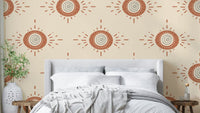 Stylized cream blooms on terracotta wallpaper

