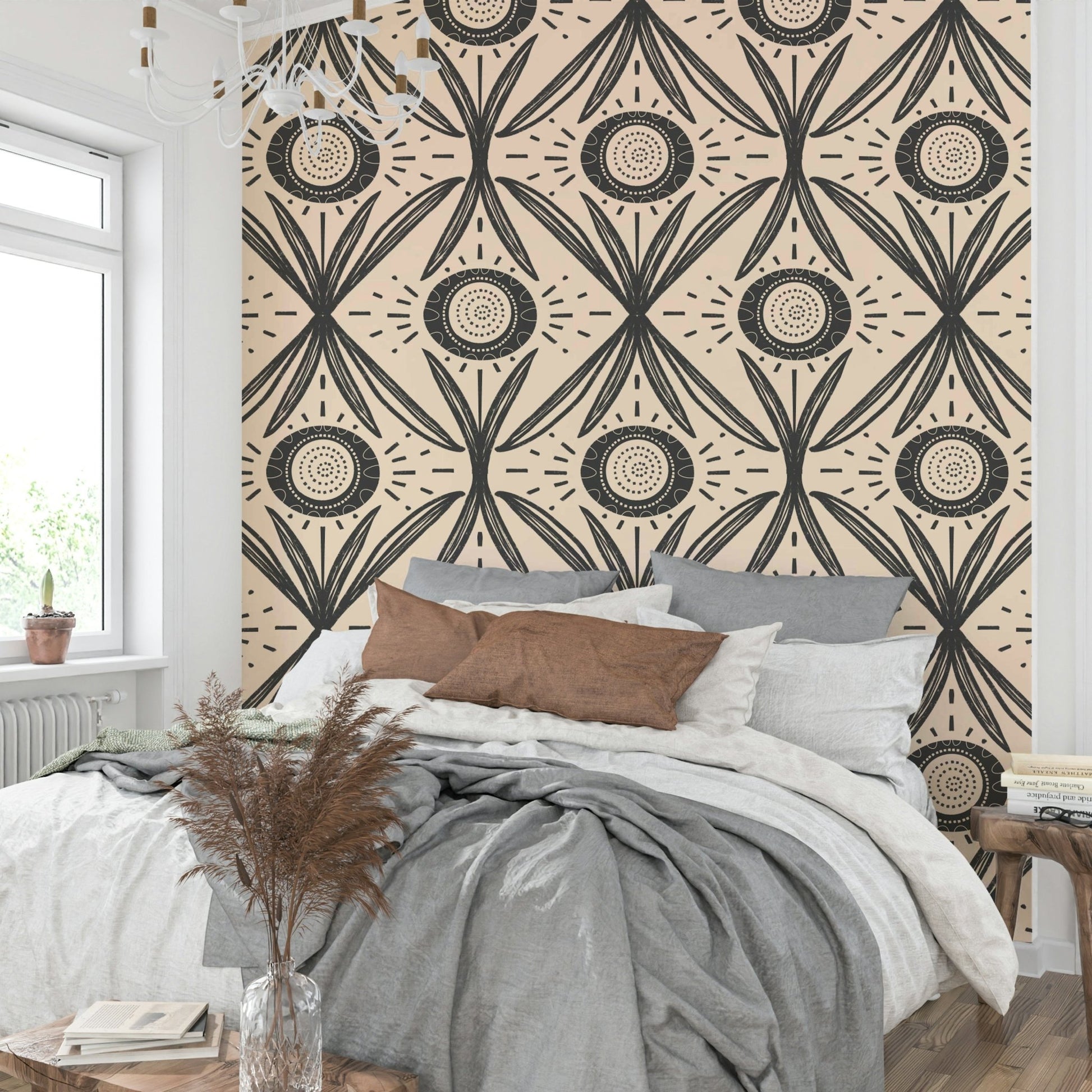 Cream floral pattern on charcoal backdrop
