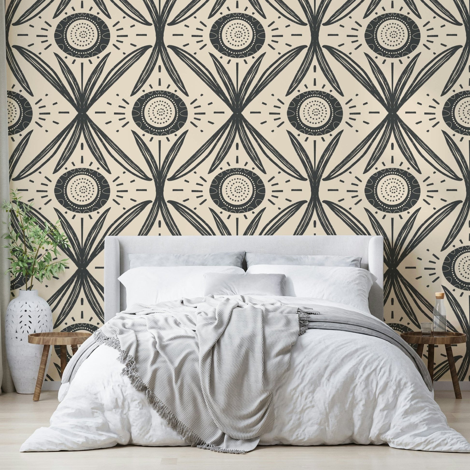 Retro floral mural with bold contrast
