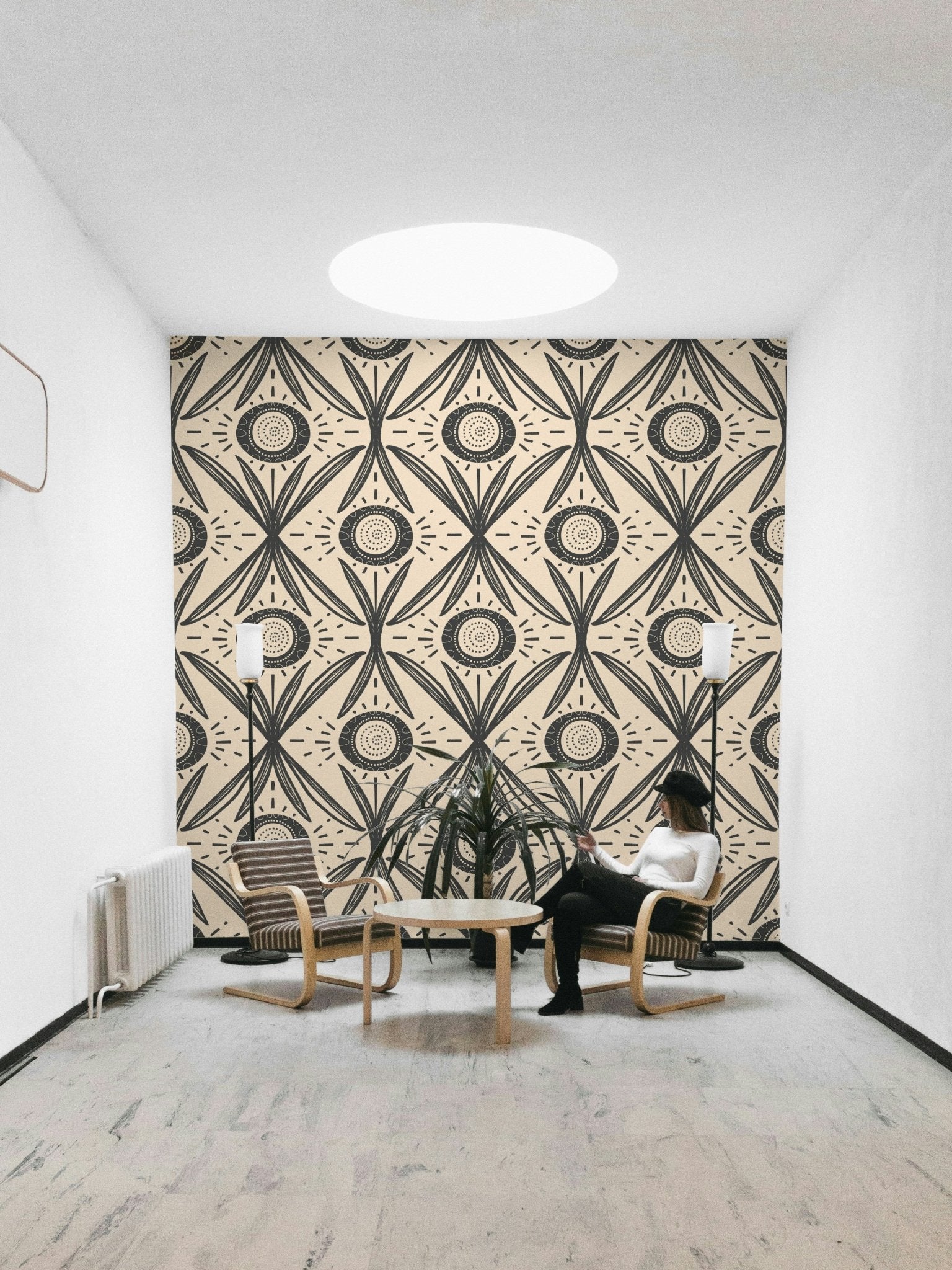 Folk Bloom Radiance Charcoal Cream wallpaper design

