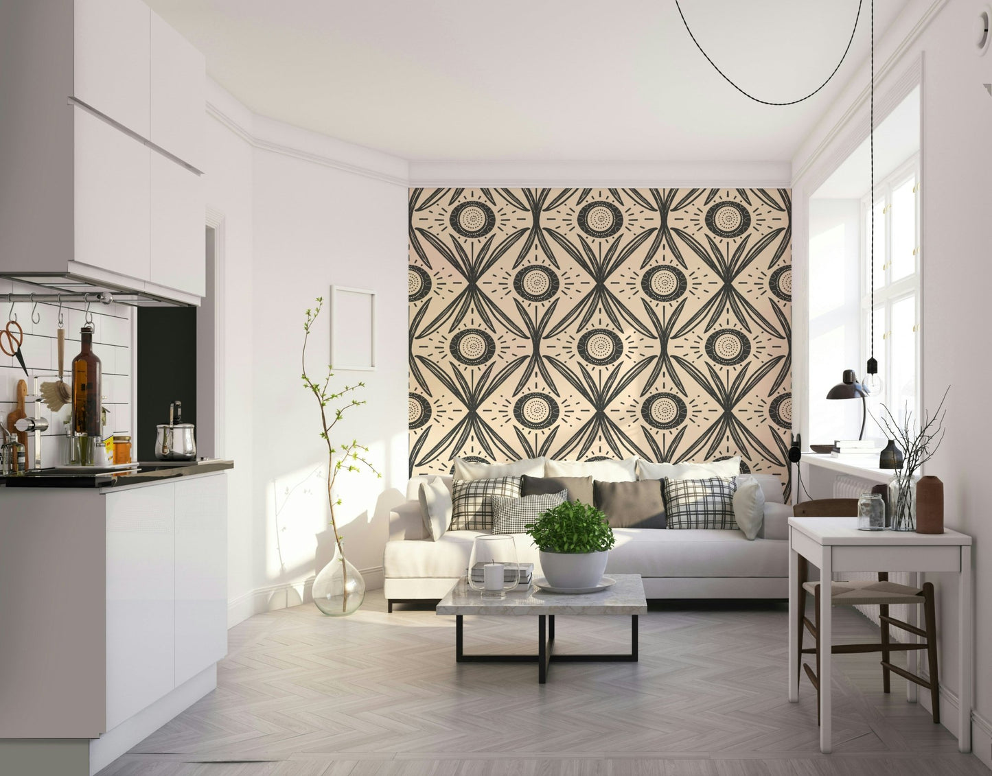 Cream folk blooms on charcoal wall mural
