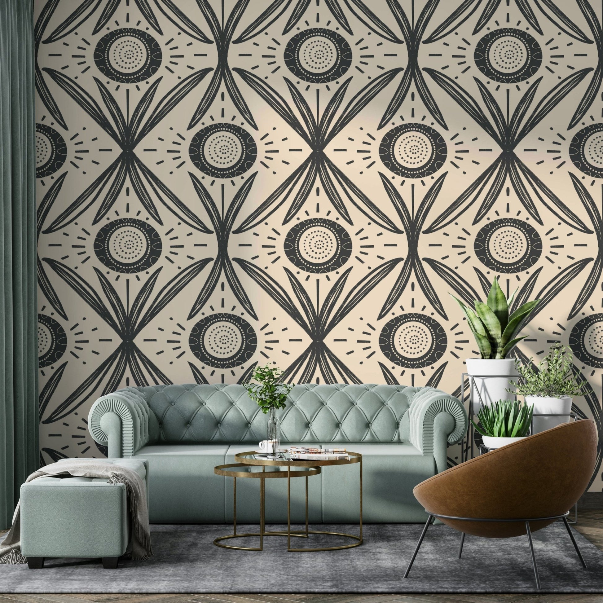 Muted flower mural on bold background
