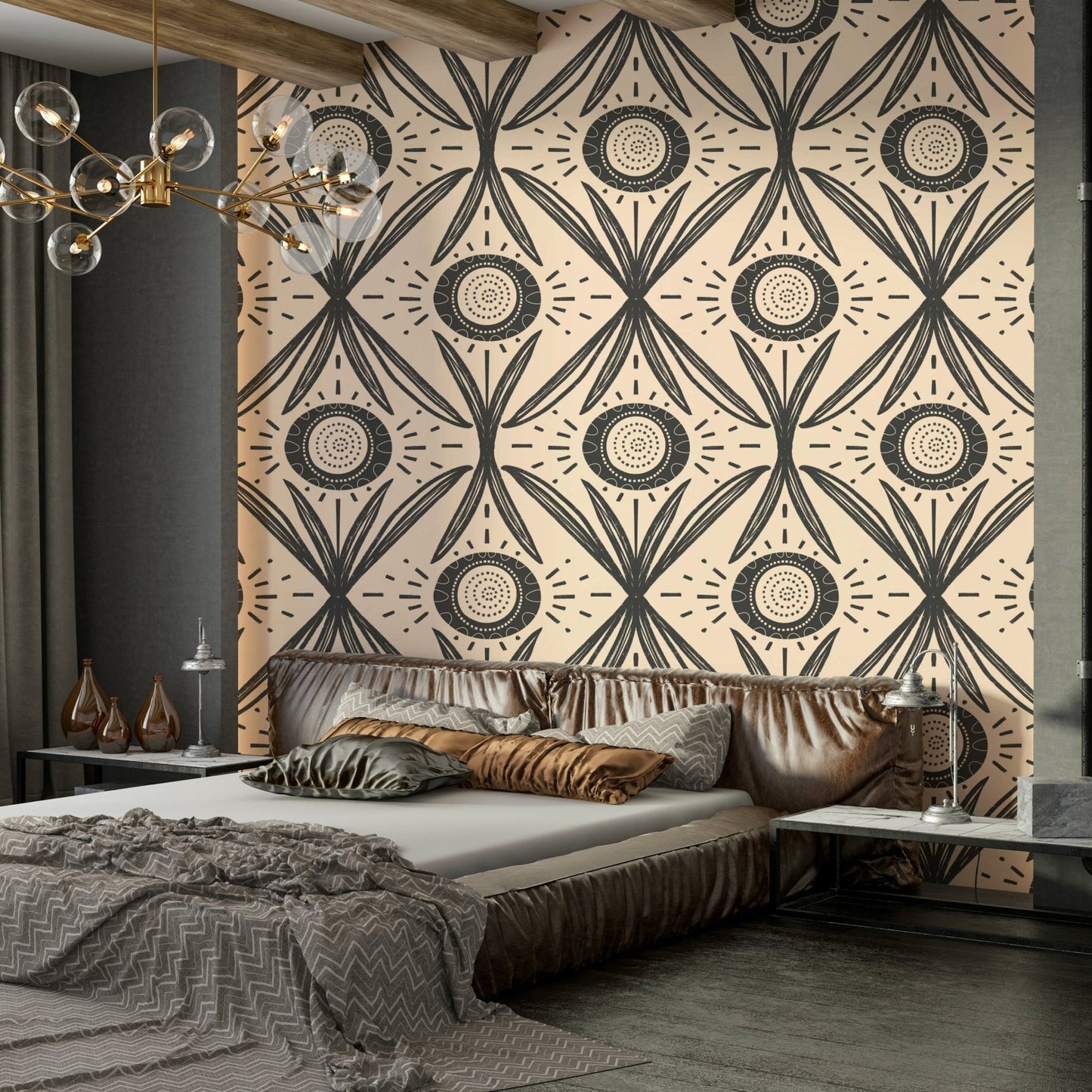 Wall mural with soft flowers and dark base
