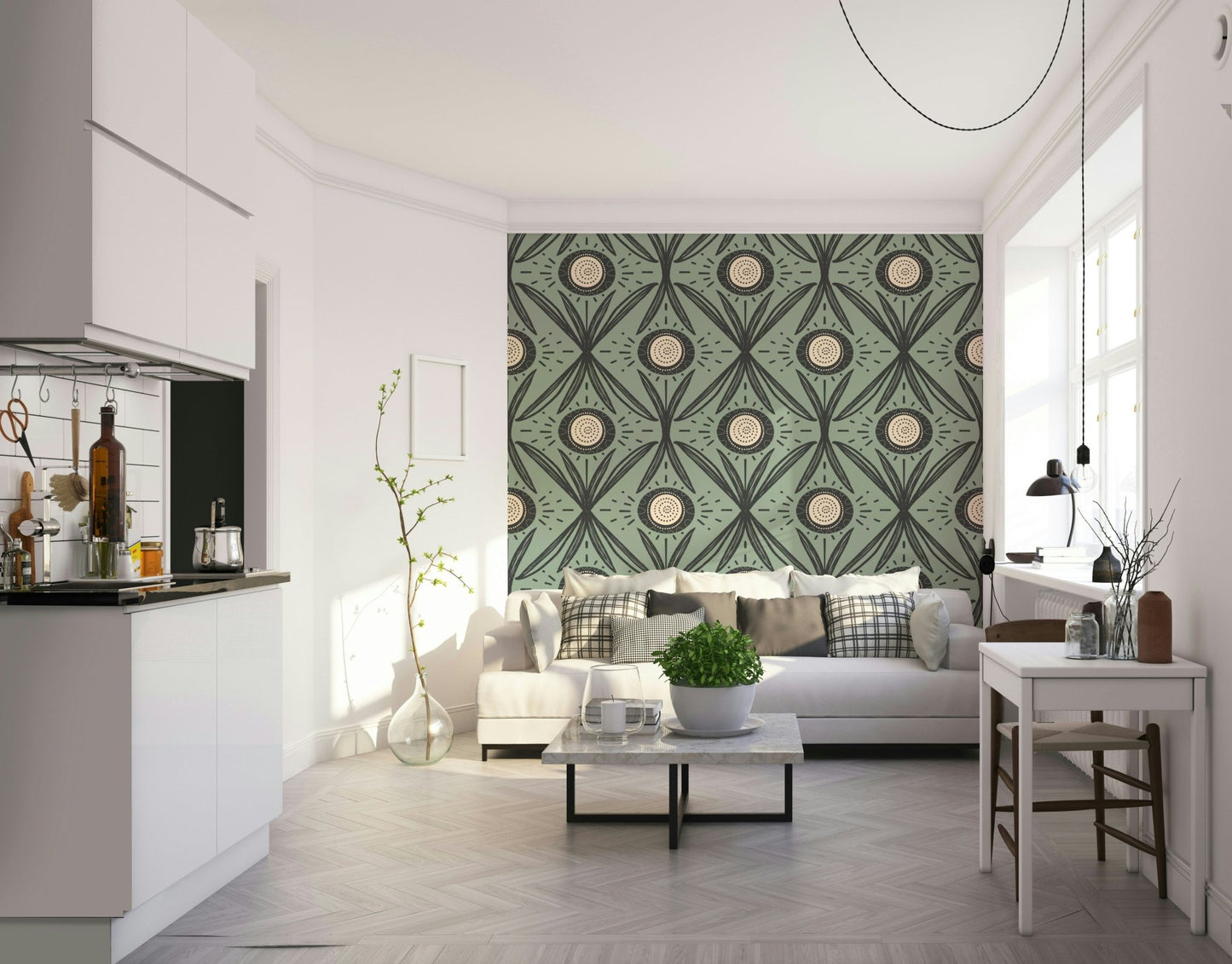 Folk Bloom Radiance Charcoal Sage wallpaper design
