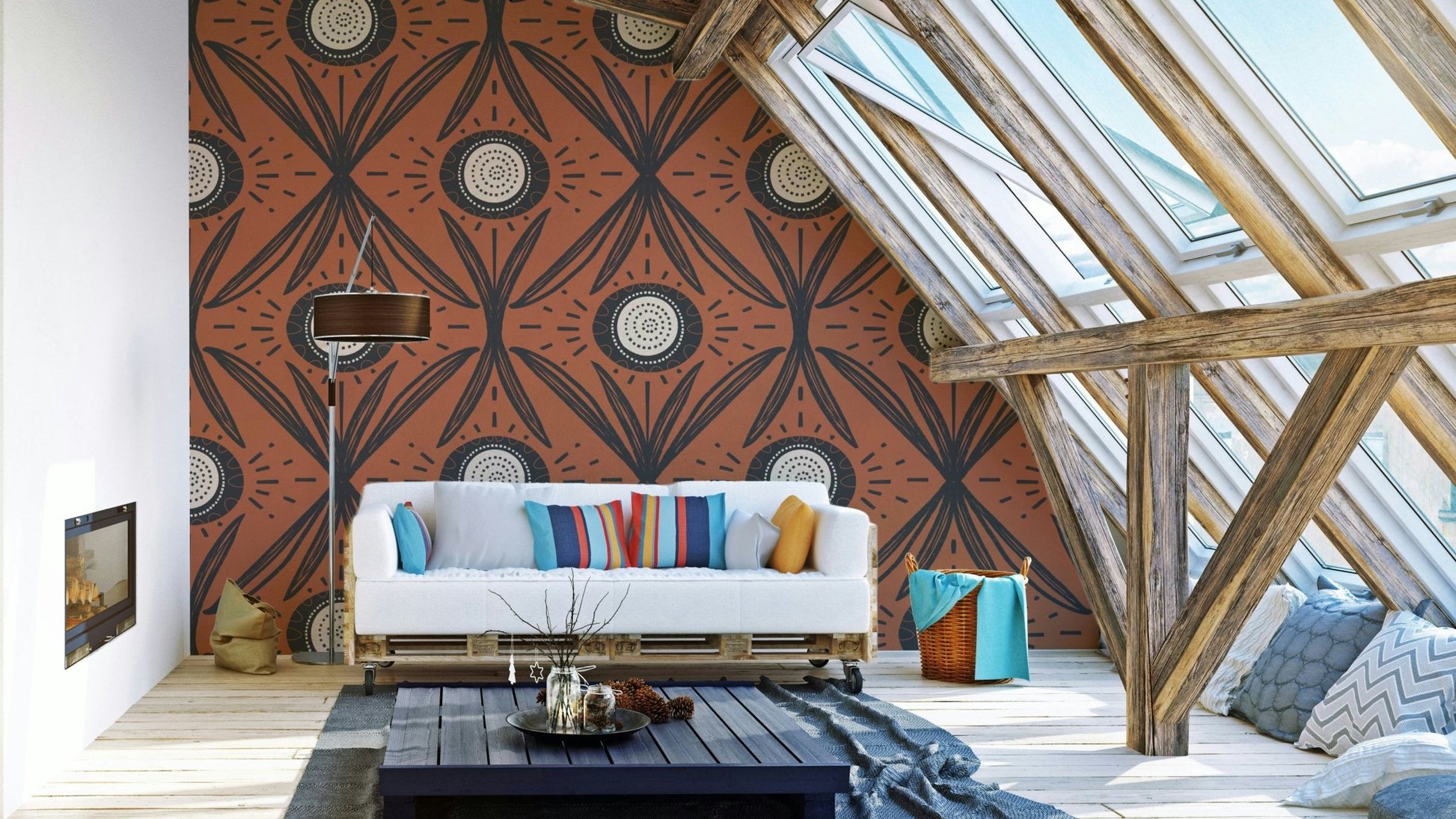 Terracotta floral print on dark background
