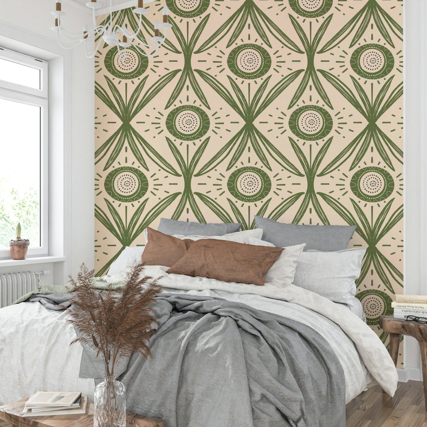 Farmhouse floral mural in muted green tones, GD2421