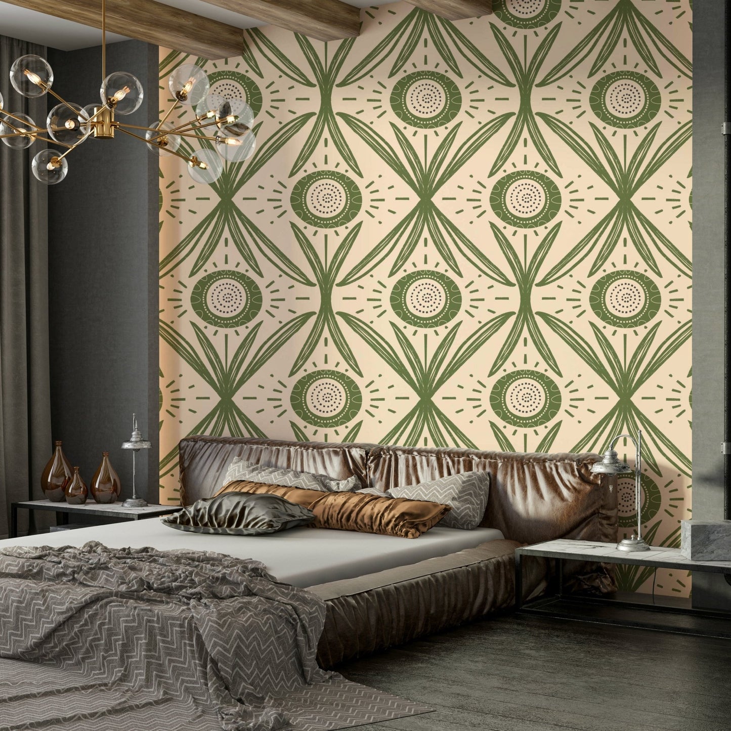 Folk Bloom Radiance Olive Green wallpaper design, GD2421