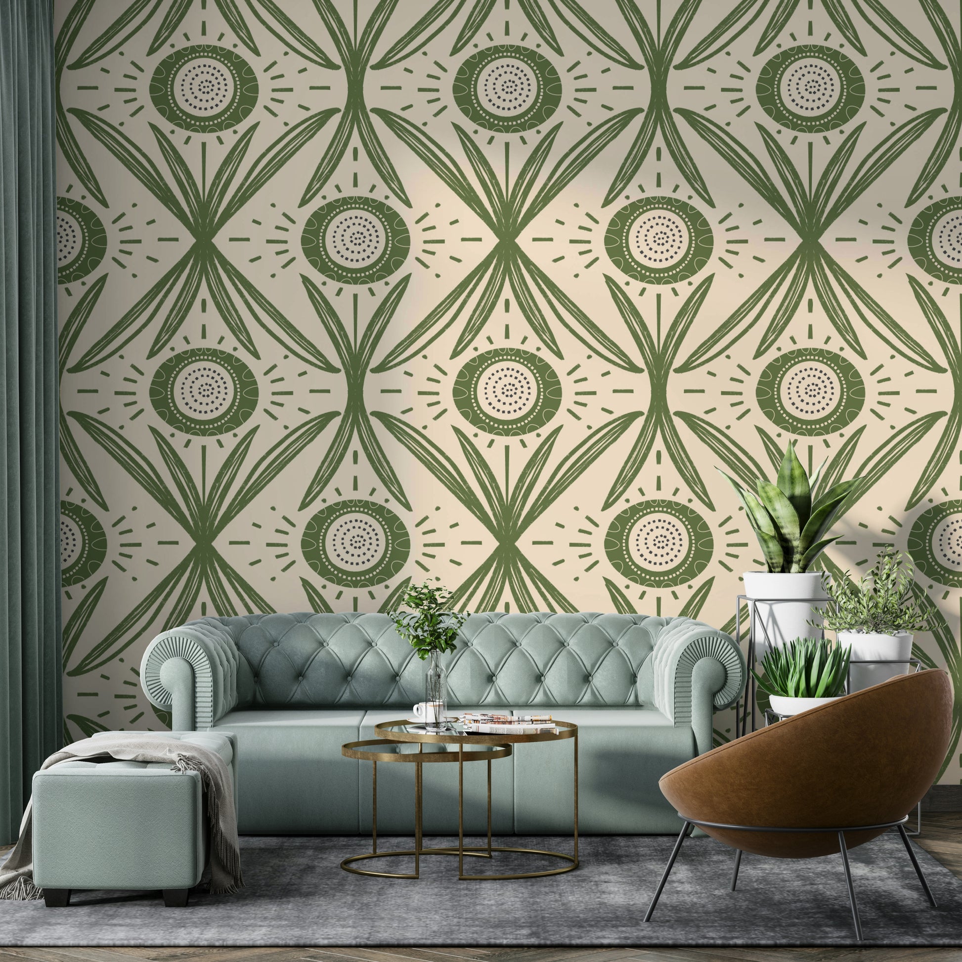 Green folk bloom pattern on neutral base
