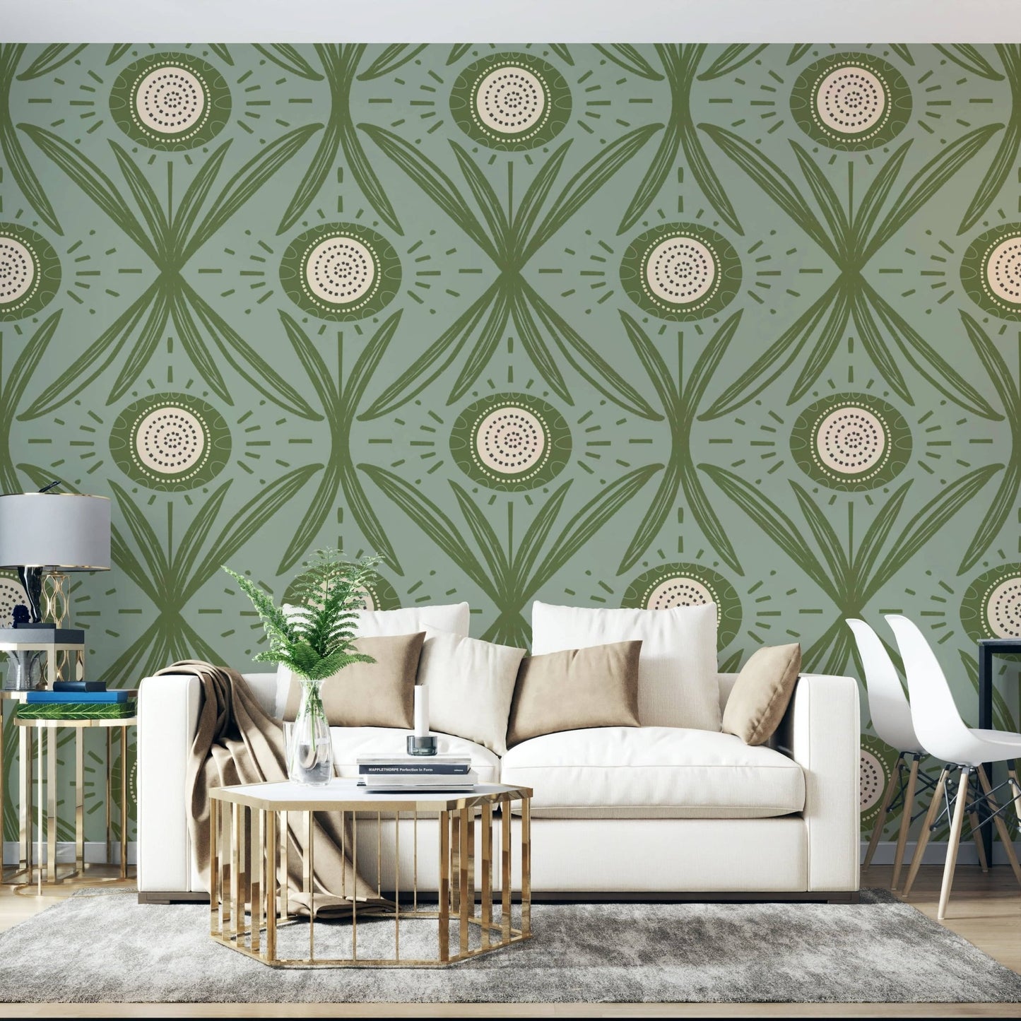 Olive green floral mural on light background
