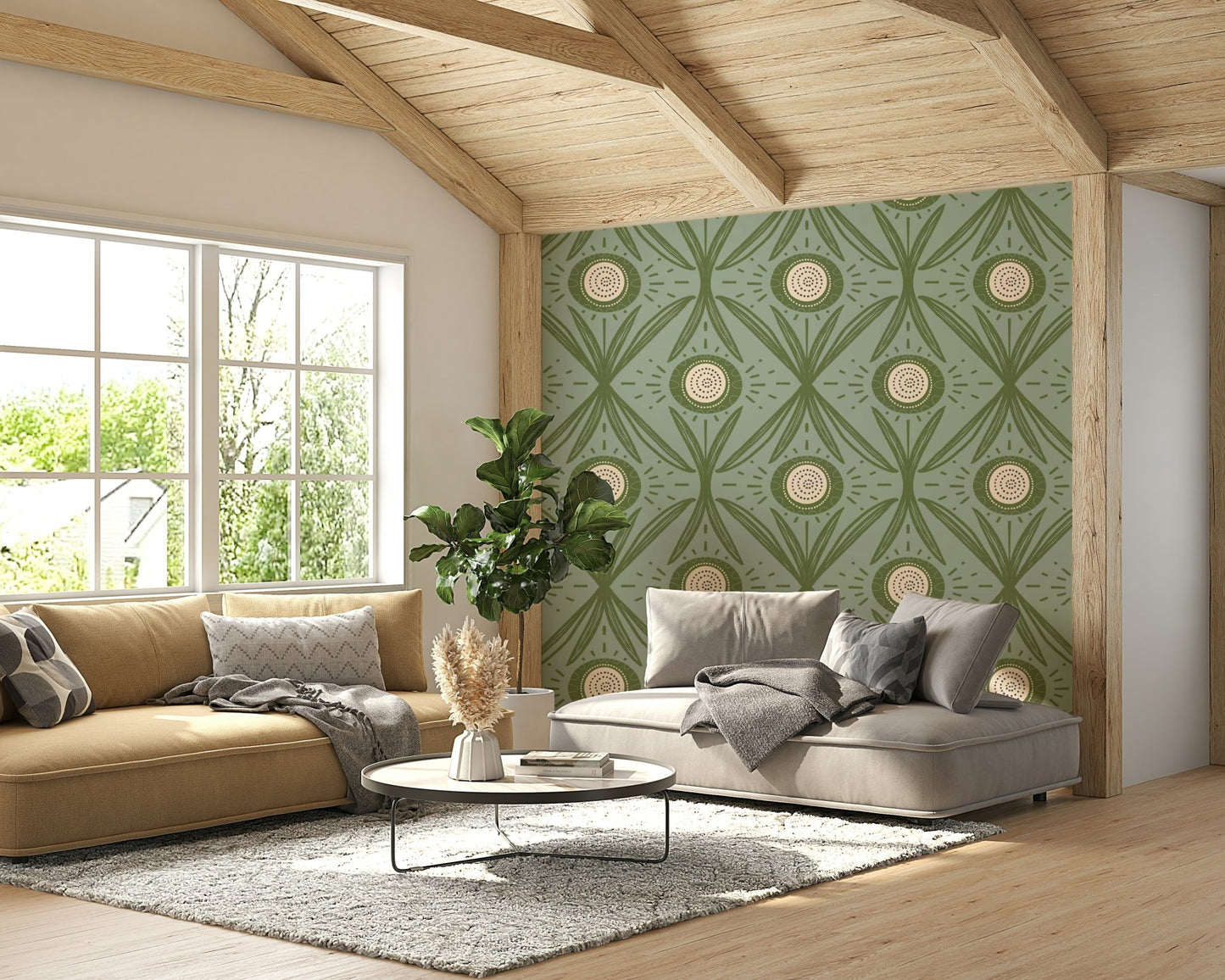 Wallpaper with soft botanical illustrations
