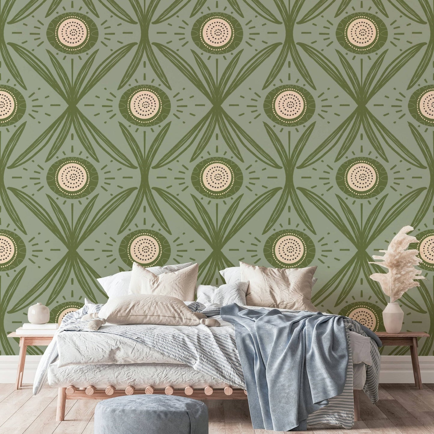 Muted green floral mural for cozy interiors
