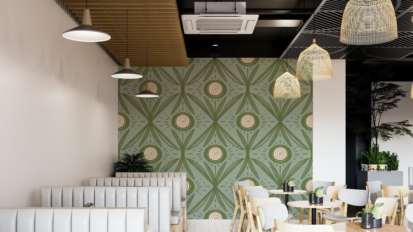 Folk Bloom Radiance Olive Sage wallpaper design
