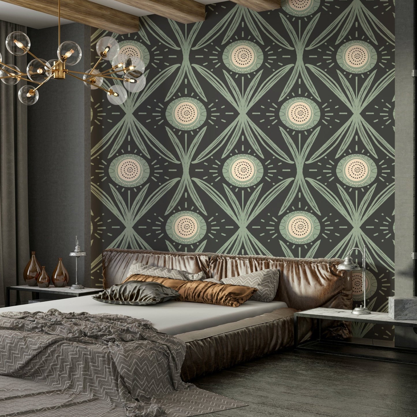 Charcoal background with sage floral pattern
