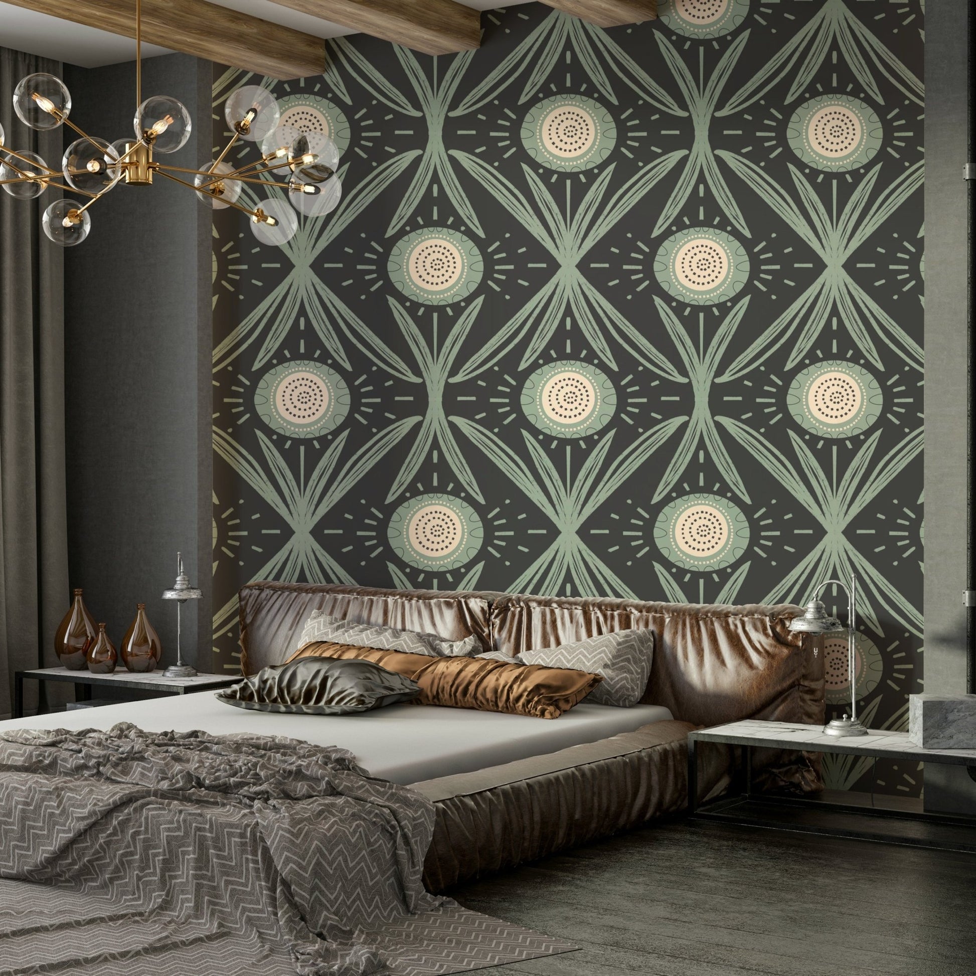 Charcoal background with sage floral pattern
