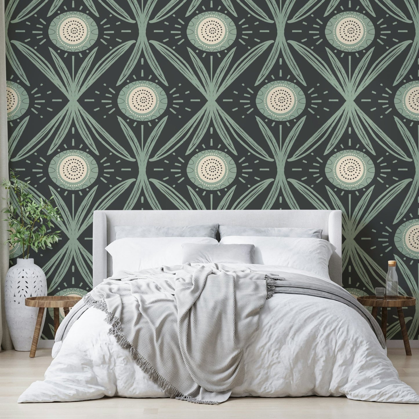 Folk Bloom Radiance Sage Charcoal wallpaper design
