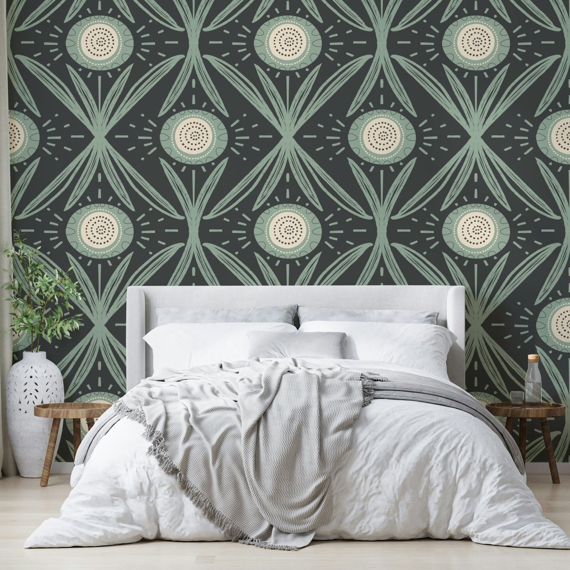 Folk Bloom Radiance Sage Charcoal wallpaper design
