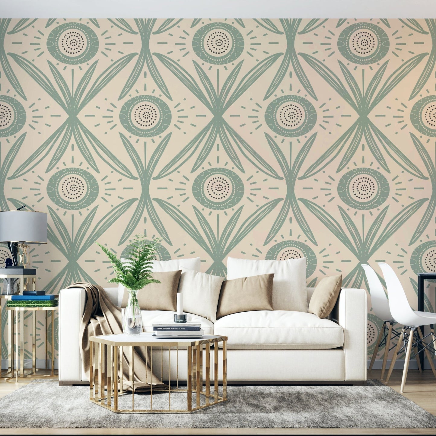 Cream background with sage green florals
