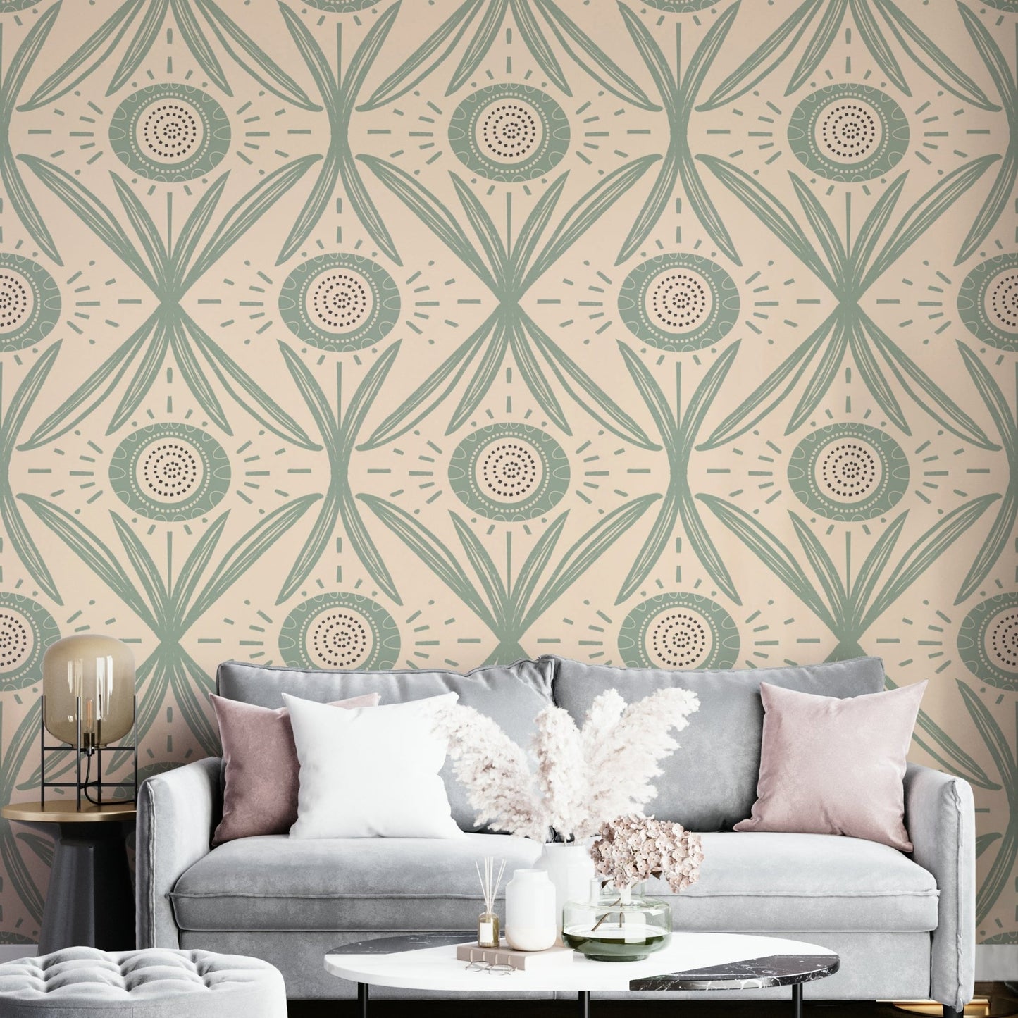 Peaceful sage and cream floral wallpaper
