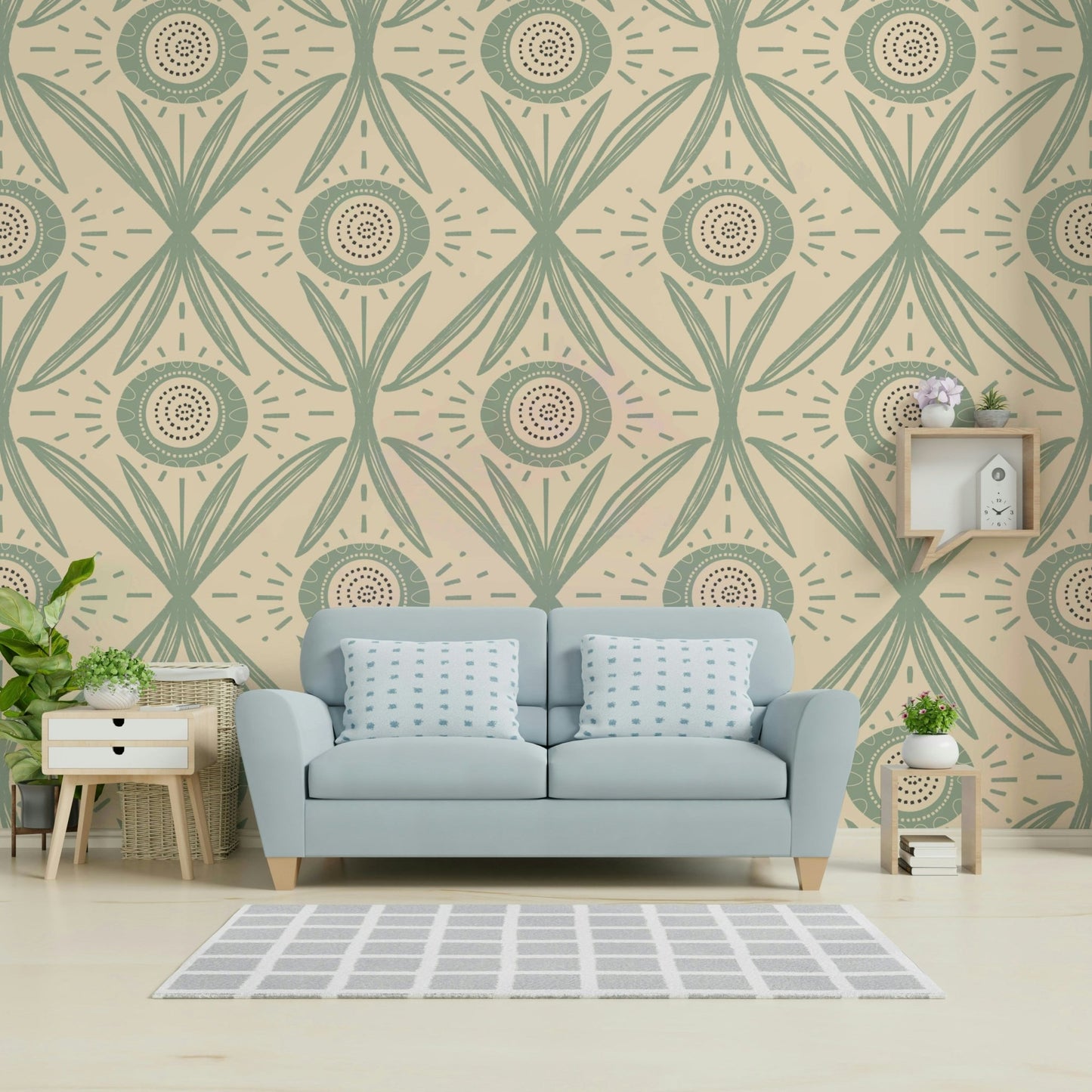 Folk Bloom Radiance Sage Cream wallpaper design
