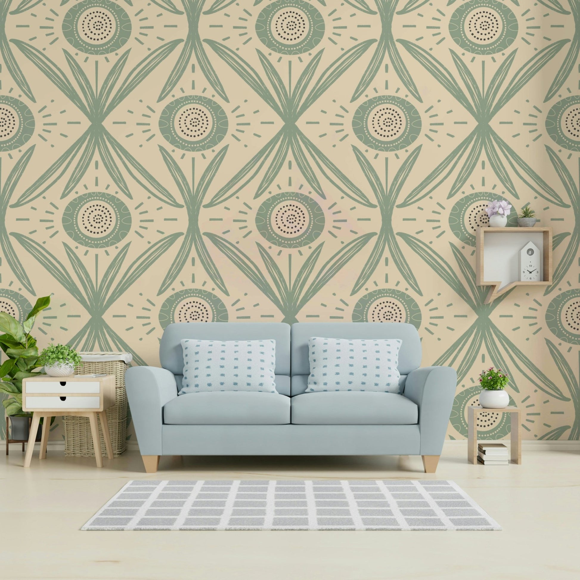 Folk Bloom Radiance Sage Cream wallpaper design
