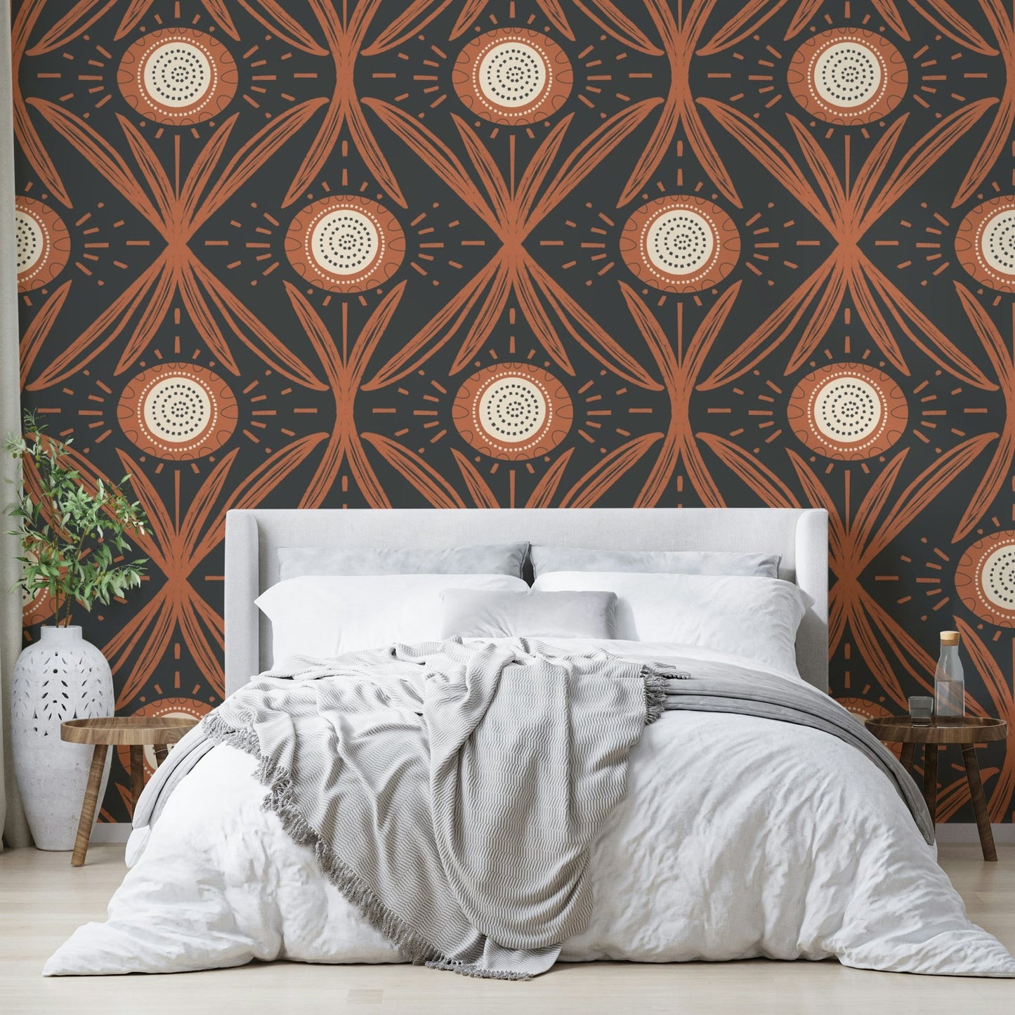 Terracotta floral print on dark charcoal base
