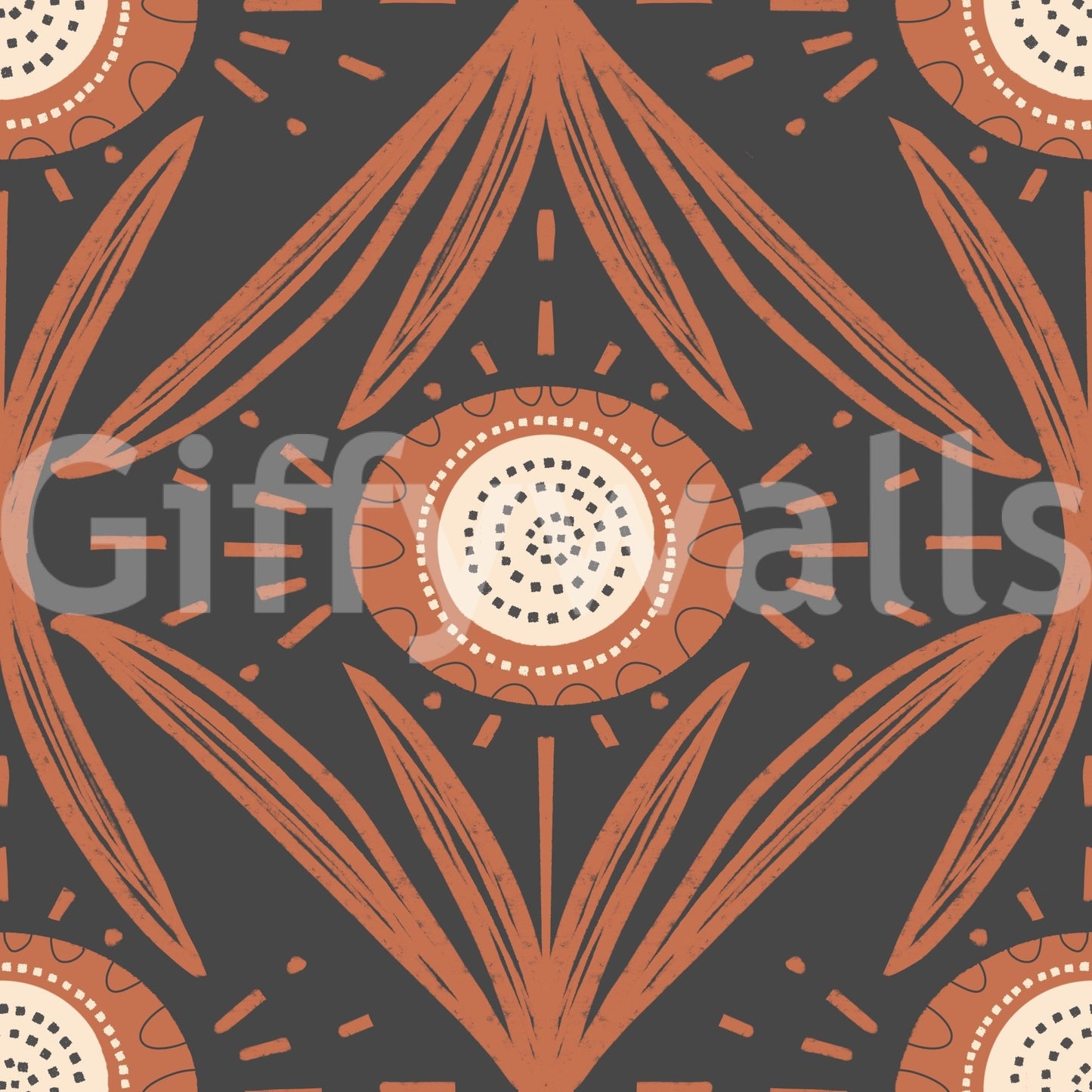 Terracotta folk floral mural in charcoal setting
