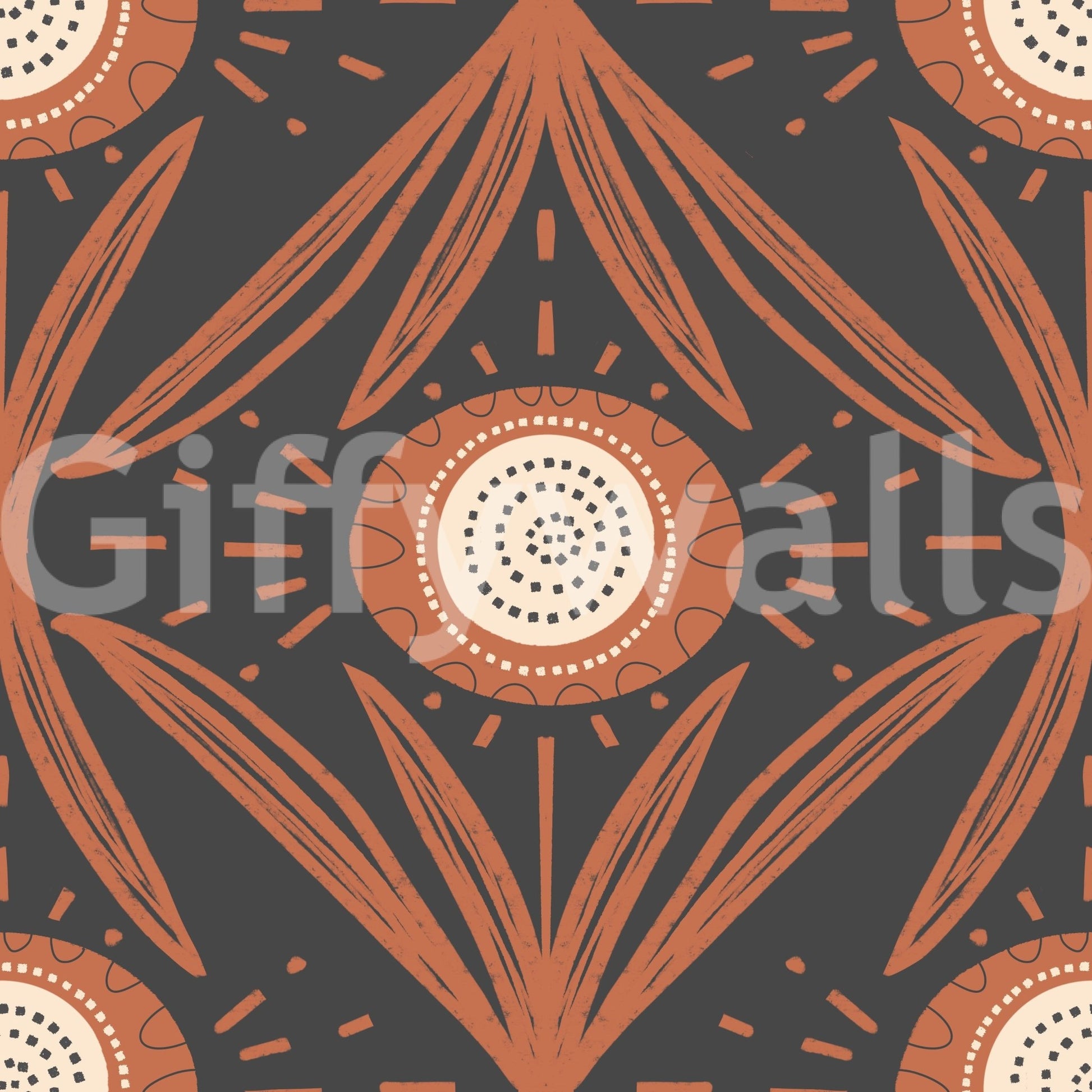 Terracotta folk floral mural in charcoal setting
