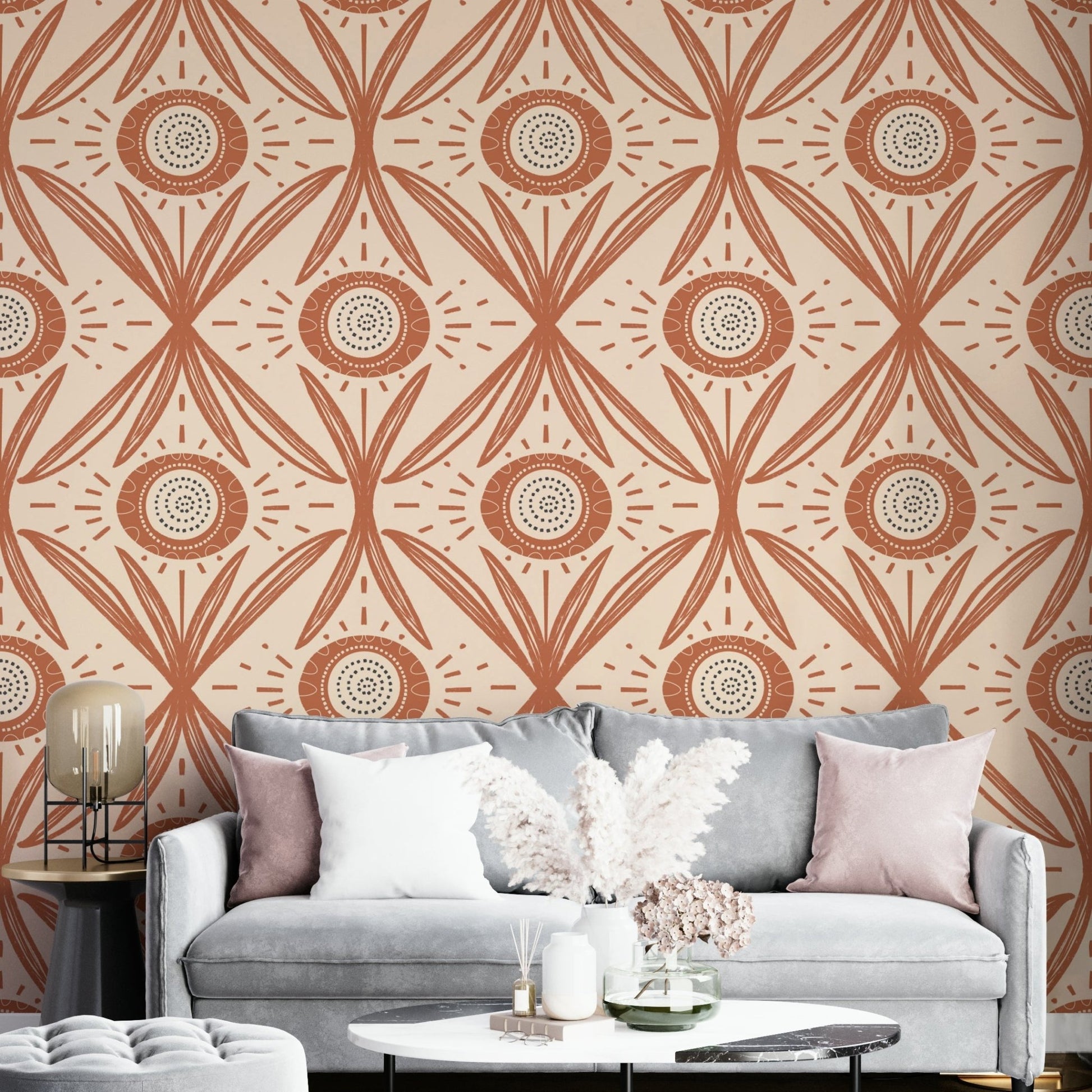 Folk Bloom Radiance Terracotta wallpaper design
