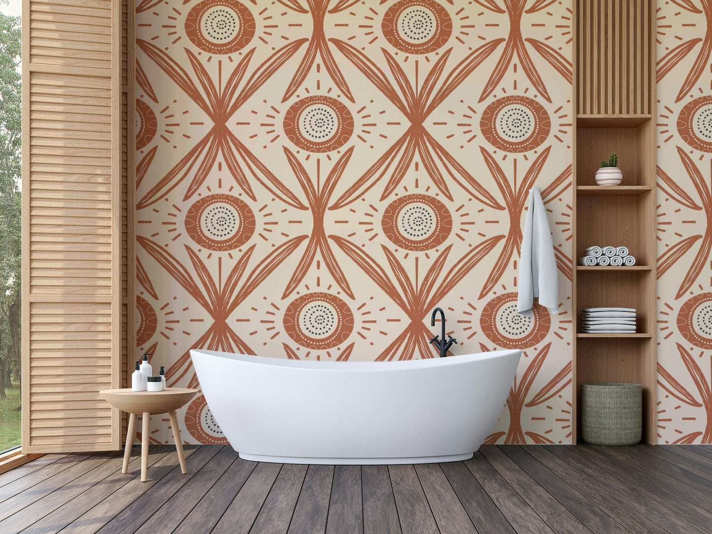 Retro cottage wall mural with folk motifs
