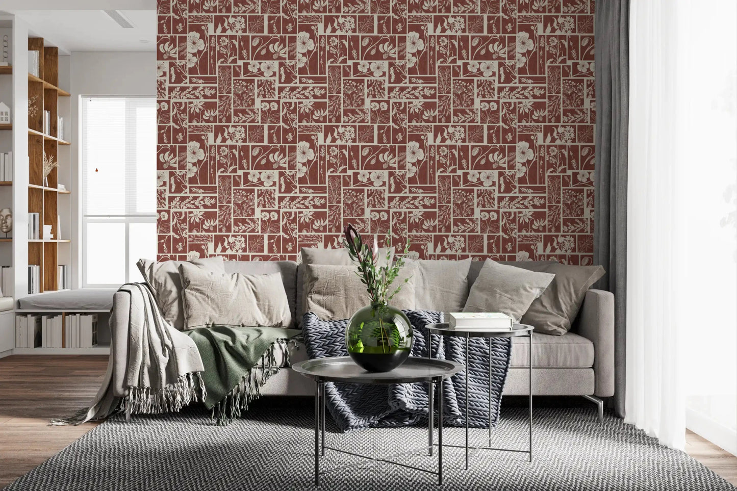 Cream floral blocks define this Folk Floral Tilework Wallpaper