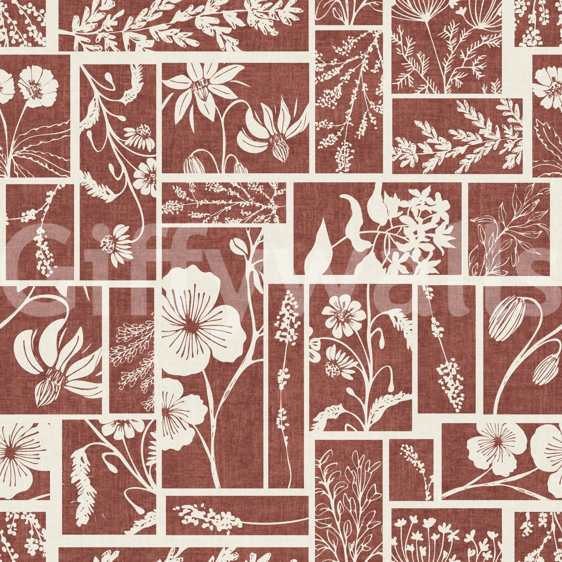 Hand-drawn floral forms give Folk Floral Tilework Wallpaper character