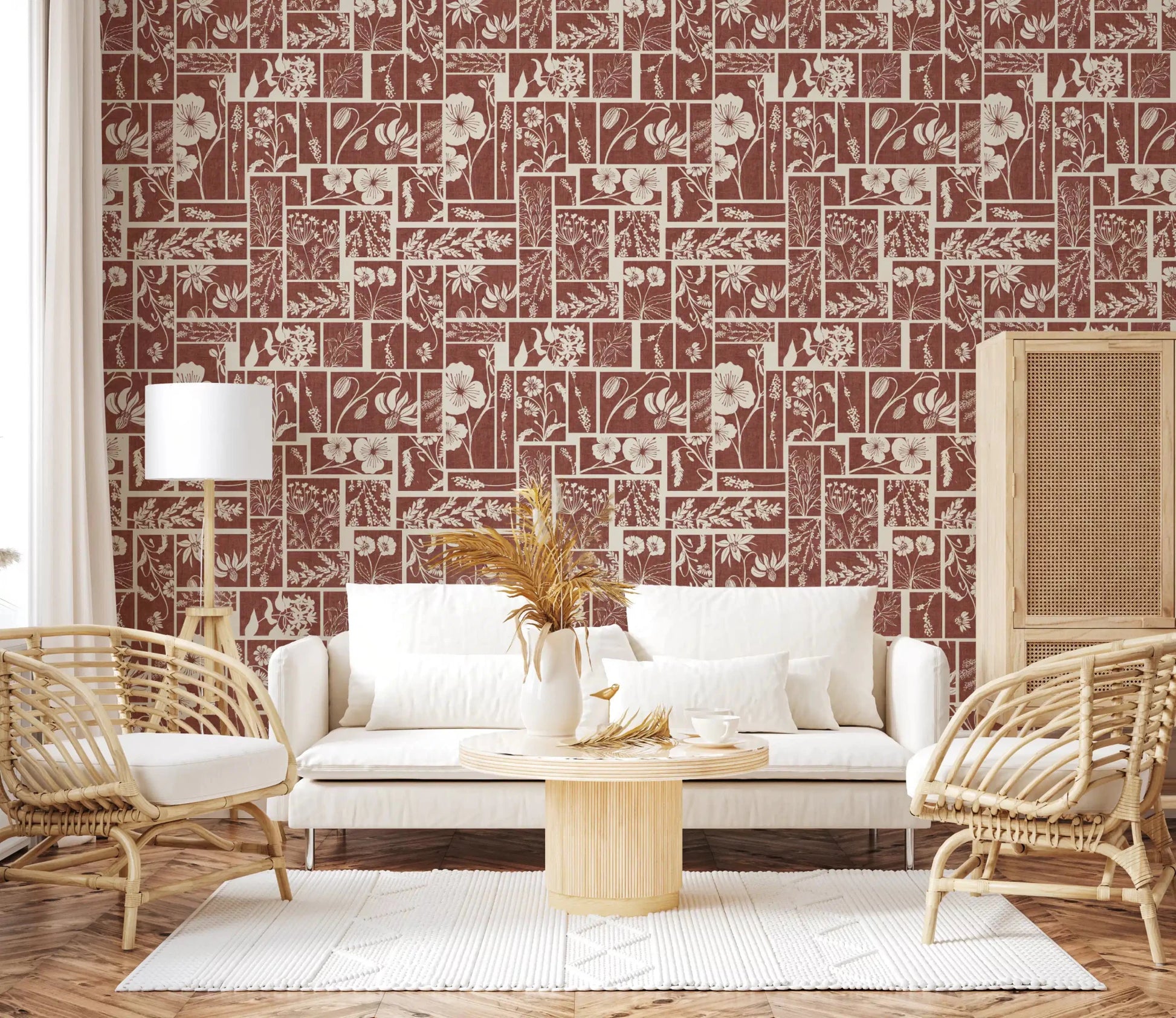 Decorative botanical panels mark the Folk Floral Wallpaper surface