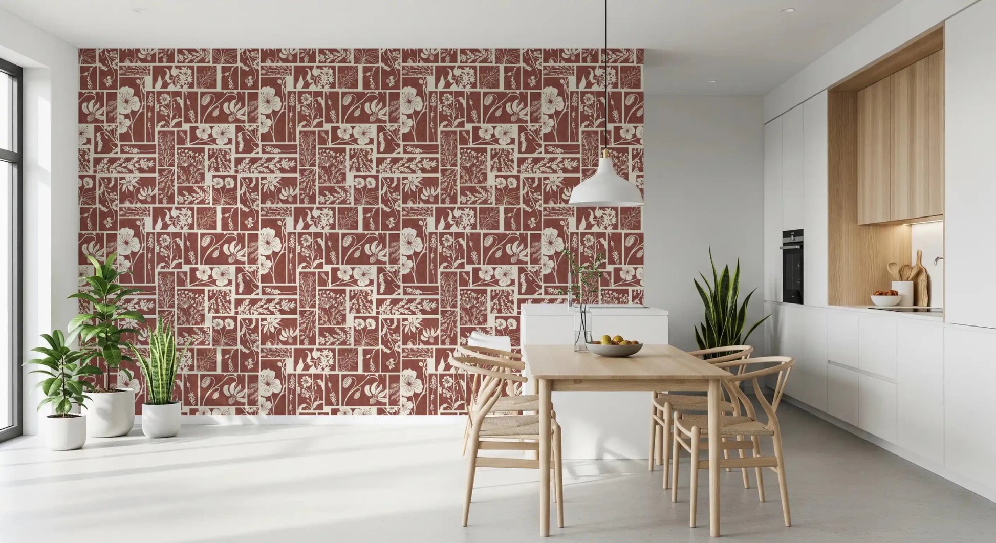 Dining room styled in Folk Floral Tilework Wallpaper with cream botanicals