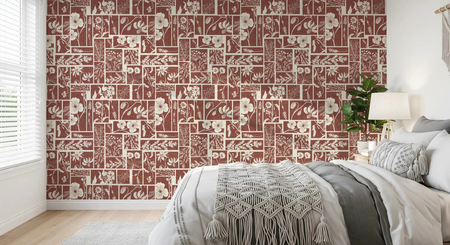 Panel-style botanicals shape the Tilework Wallpaper with folk charm
