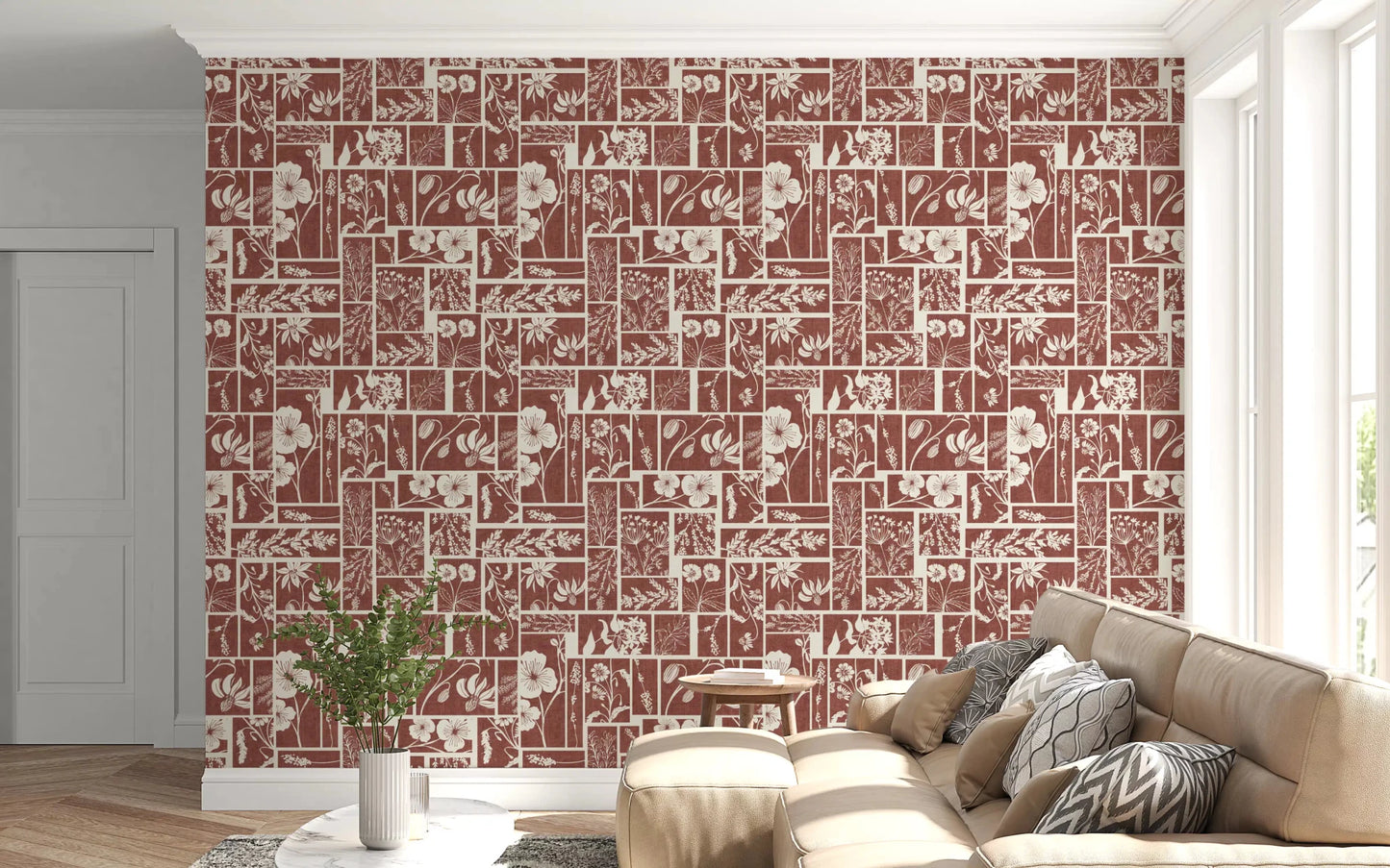 This Tilework Wallpaper blends cream florals with a rustic block pattern